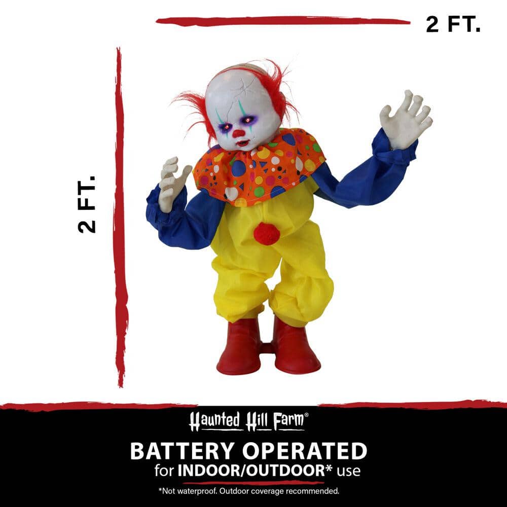24 in. Battery Operated Animatronic Clown with Red LED Eyes Halloween Prop - Hercitys