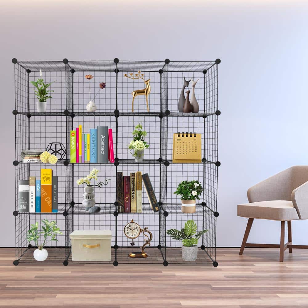 4-Tiers Metal Cube Grid Wire Cube Household Shelving Unit in Black (55.52 in. W x 55.52 in. H x 13.78 in. D) - Hercitys