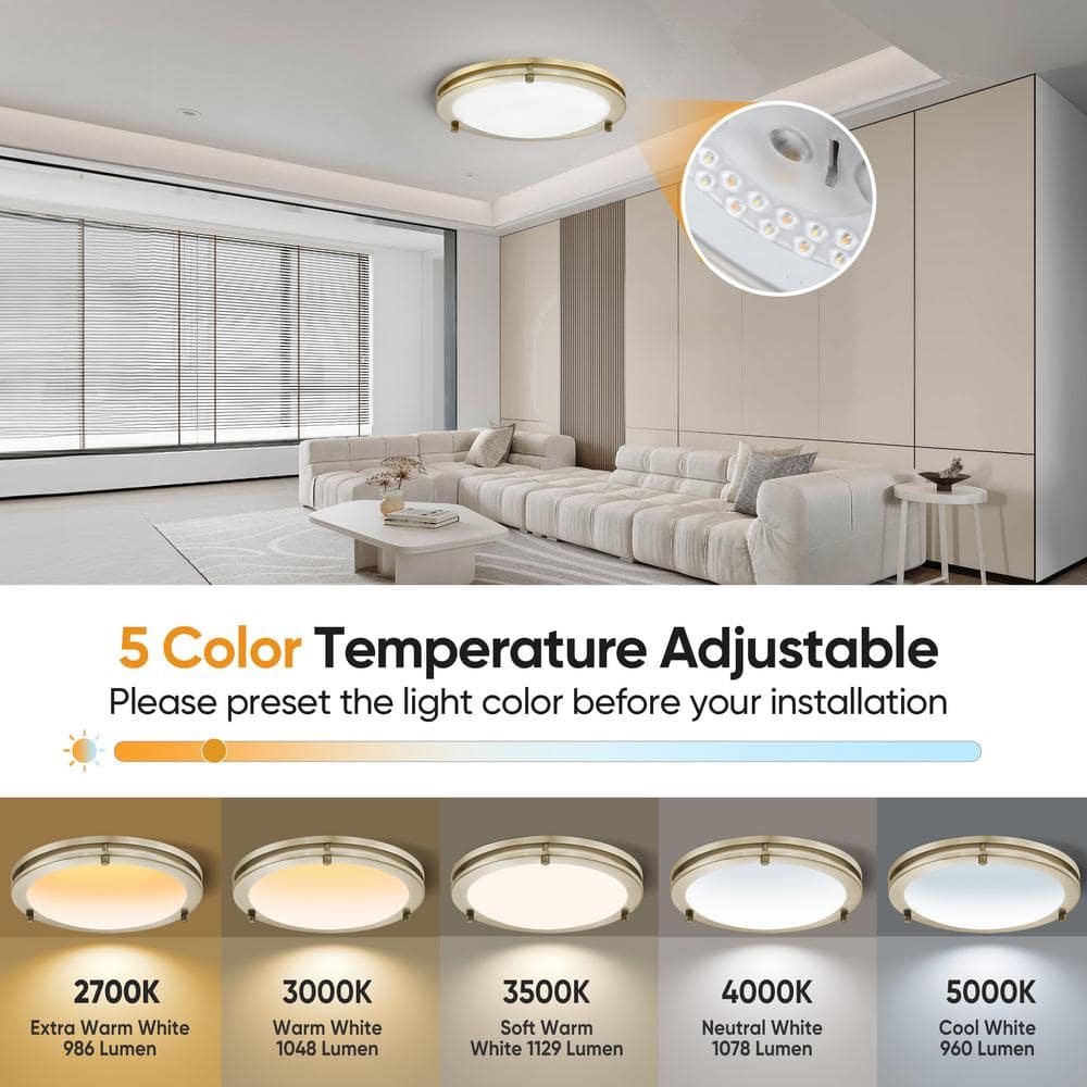 12 in. 15-Watt Brushed Gold 5CCT Dimmable Integrated LED Flush Mount Ceiling Light with White Acrylic Shade (2-Pack) - Hercitys
