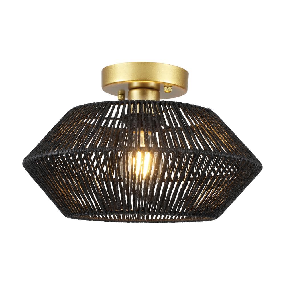 12.59 in. 1-Light Gold and Black Metal Semi-Flush Mount Light with Imitation Hemp Rope Shade and No Bulbs Included - Hercitys