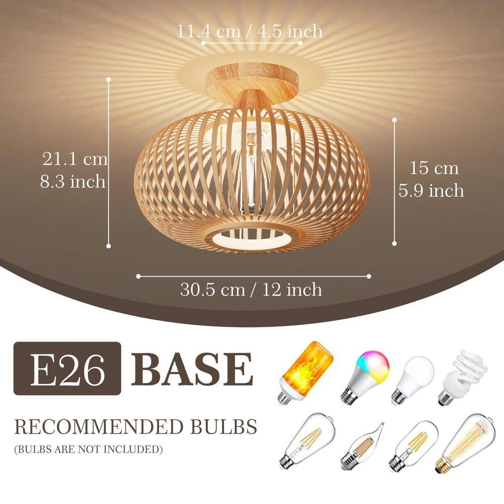 12.4 in. 1-Light Bohemian Recessed Mount with Bamboo Crafted Shade, Bulb Not Included, 1 Piece - Hercitys