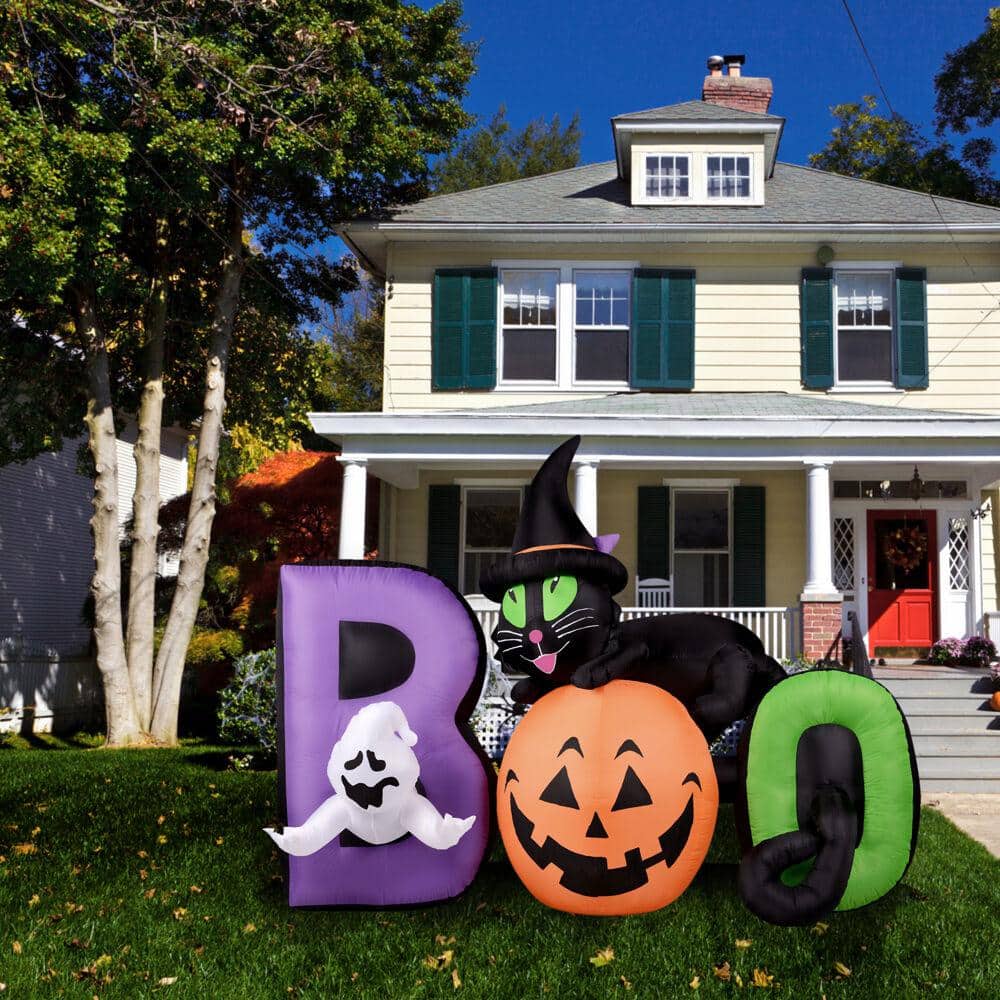 5 ft. Pre-Lit Boo Sign with Black Cat, Jack-O-Lantern and Ghost Halloween Inflatable - Hercitys