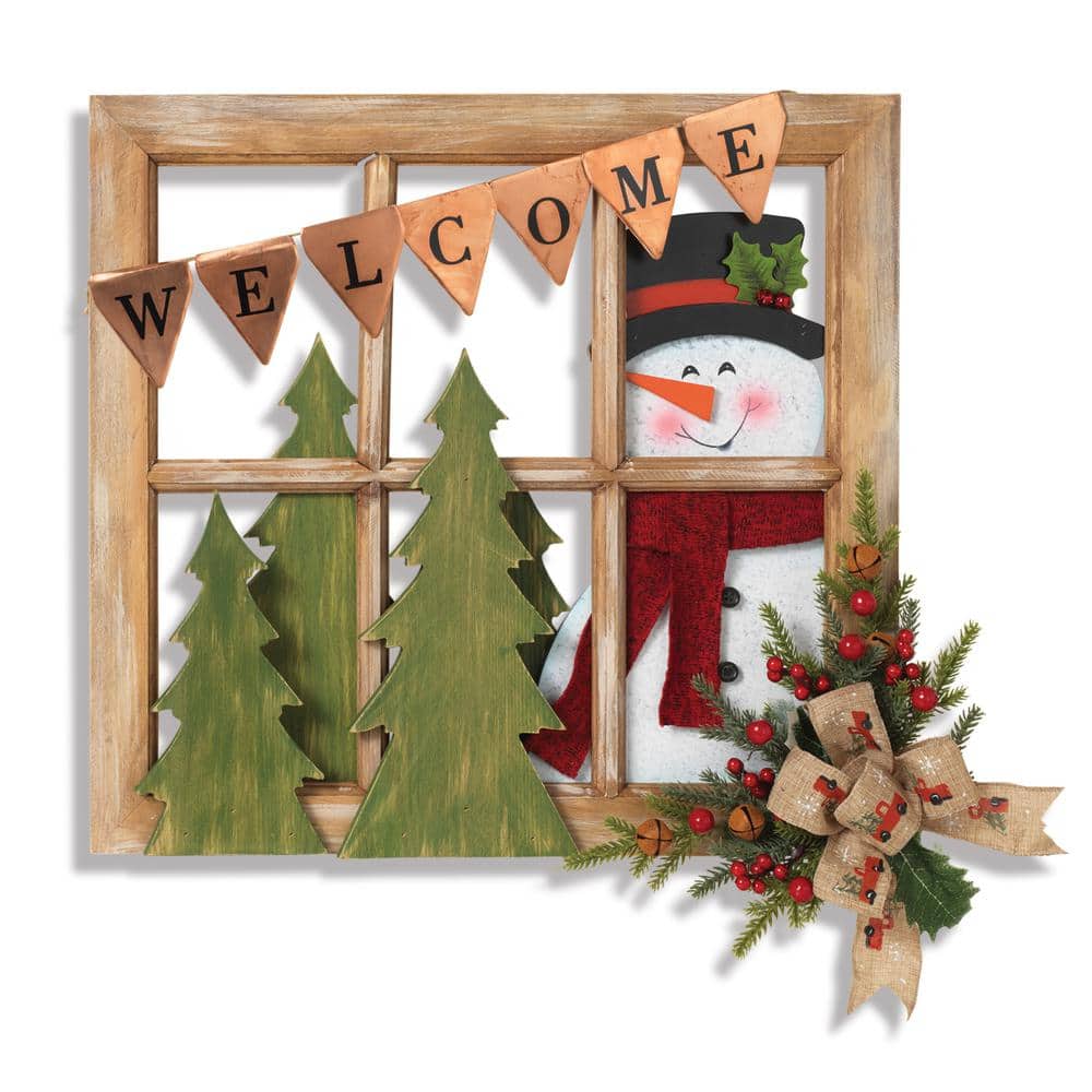 16.5 in. H Wood Window with Snowman and Floral Accent - Hercitys