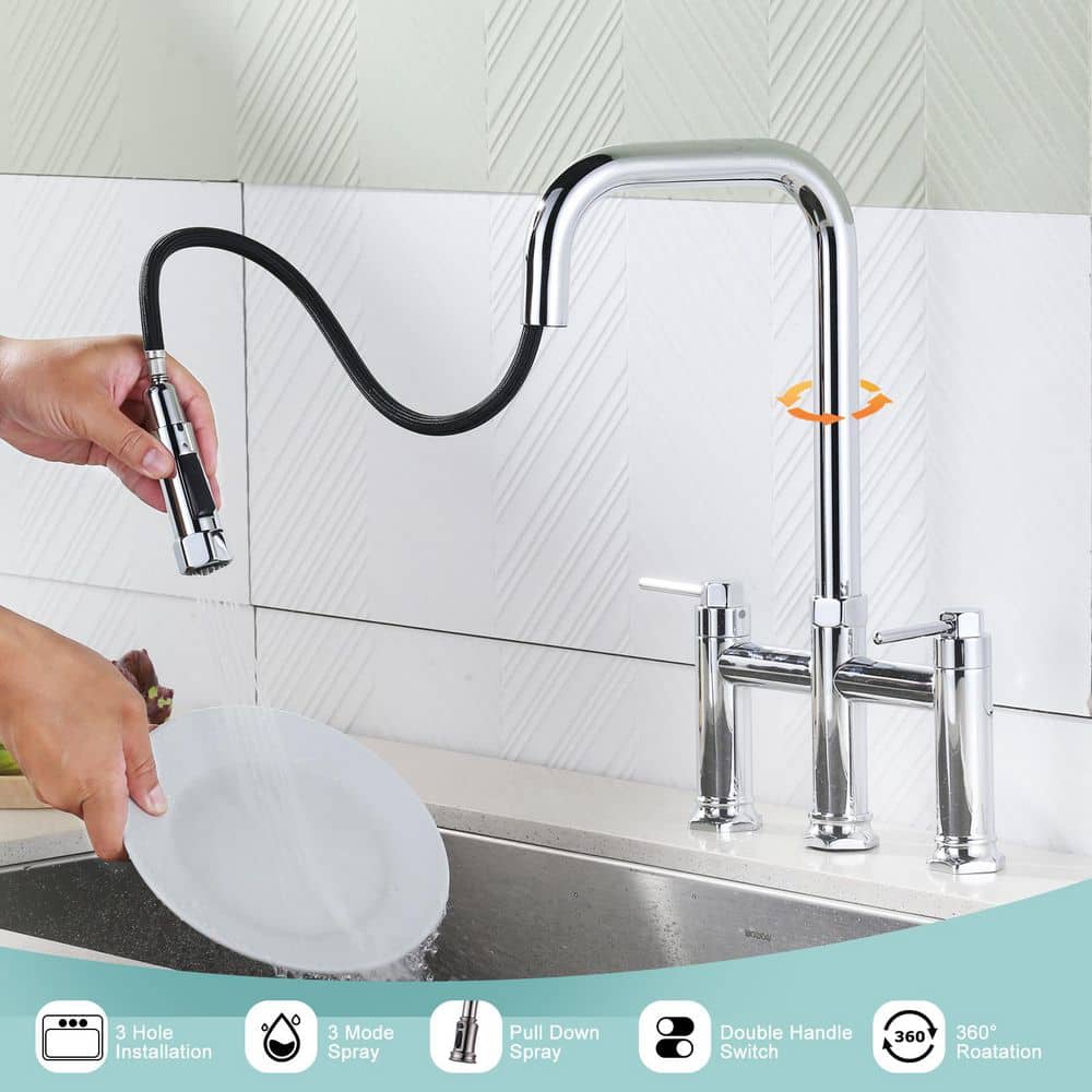 3 Holes Double Handle Brass Bridge Kitchen Faucet with Pull Down Sprayer and Supply Lines in Polished Chrome - Hercitys