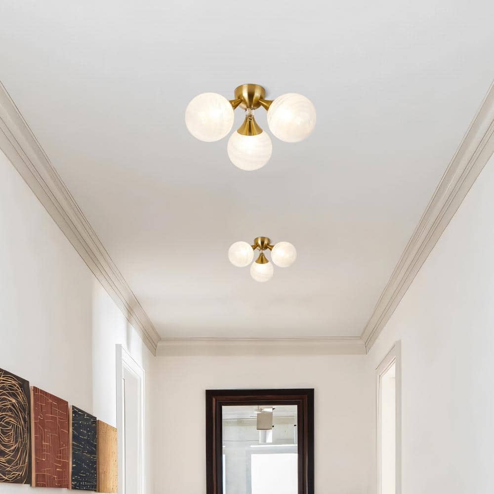 18 in. 3-Light Brass Triple Semi-Flush Mount with White Bubble Glass Shade and No Bulbs Included - Hercitys