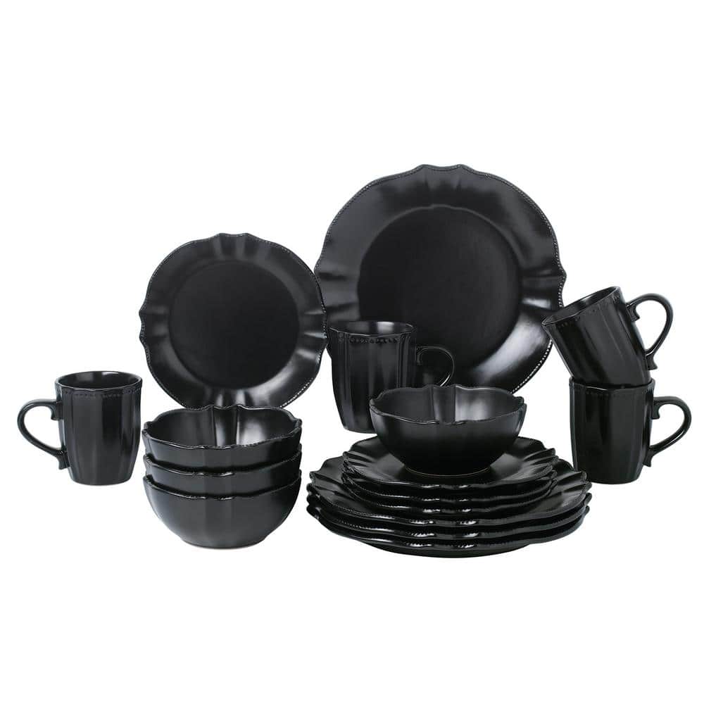 16 Piece Stoneware Scalloped Edge Black Dinnerware (Service for 4) - Hercitys