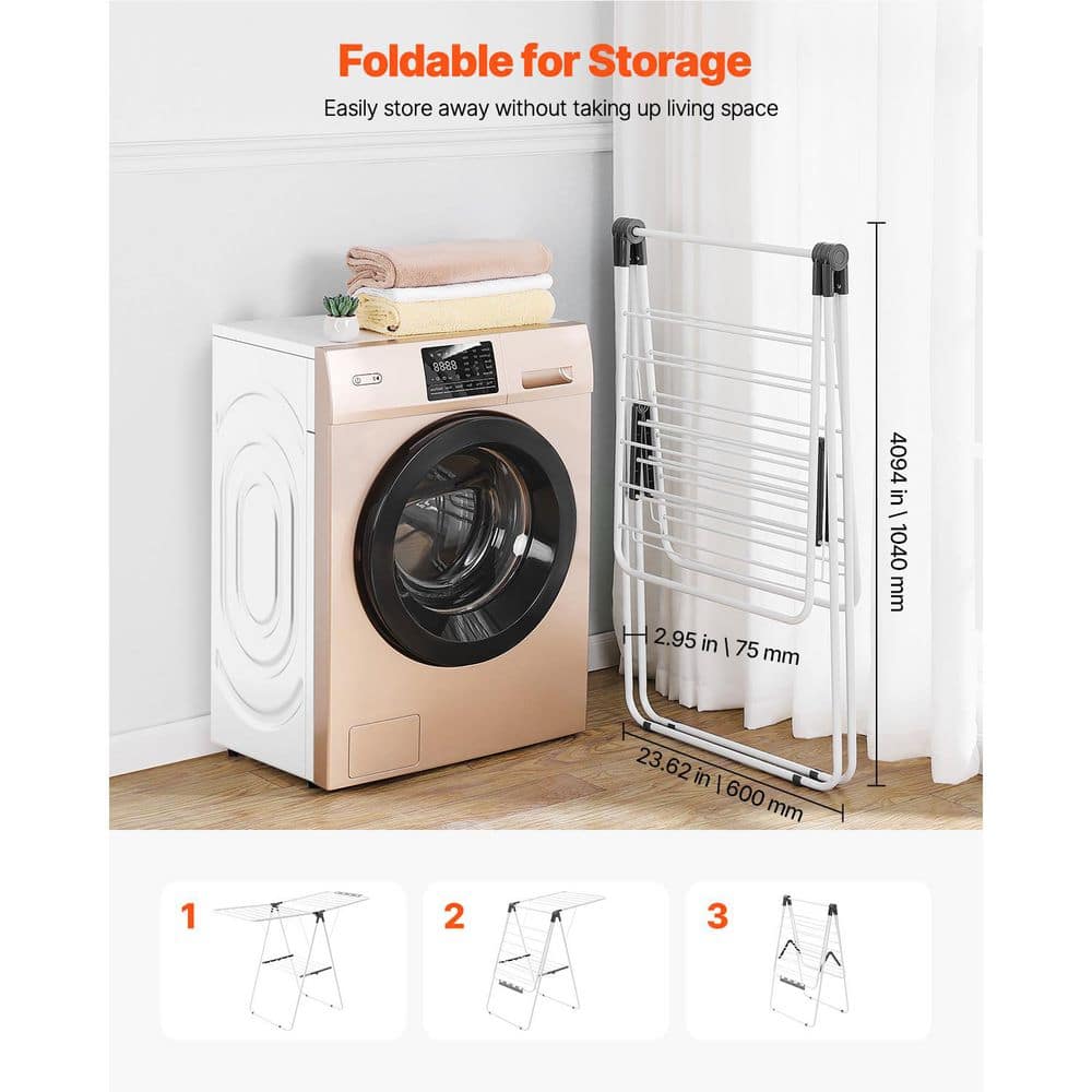 2-Tier Foldable Laundry Dryer Rack with 21 Drying Rods, Sock Clips, Metal Height-Adjustable, White - Hercitys