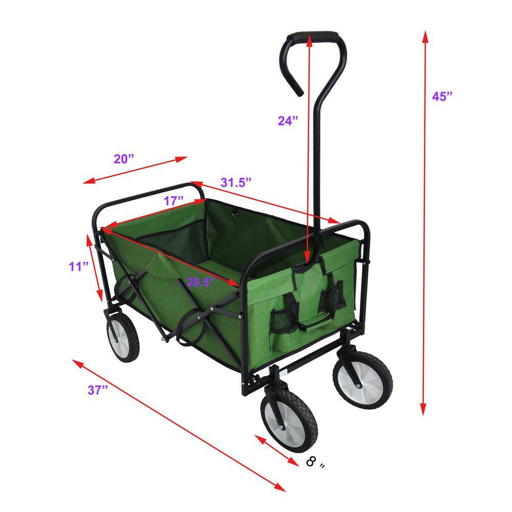 3.44 cu. ft. Grass Green Metal Folding Garden Cart with Side Pockets, Reflection Belt and Adjustable Handles - Hercitys