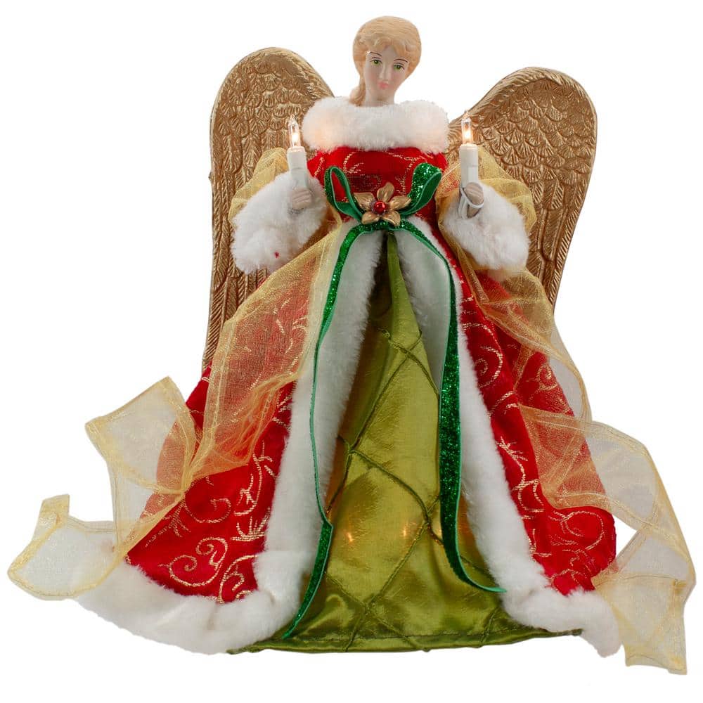 12 in. Lighted Red and Green Angel with Wings Christmas Tree Topper – Clear Lights - Hercitys
