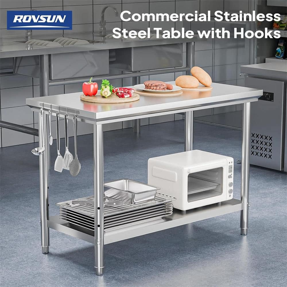 48 x 24 in. Silver Stainless Steel Kitchen Prep Table with Hooks and Adjustable UnderShelf - Hercitys
