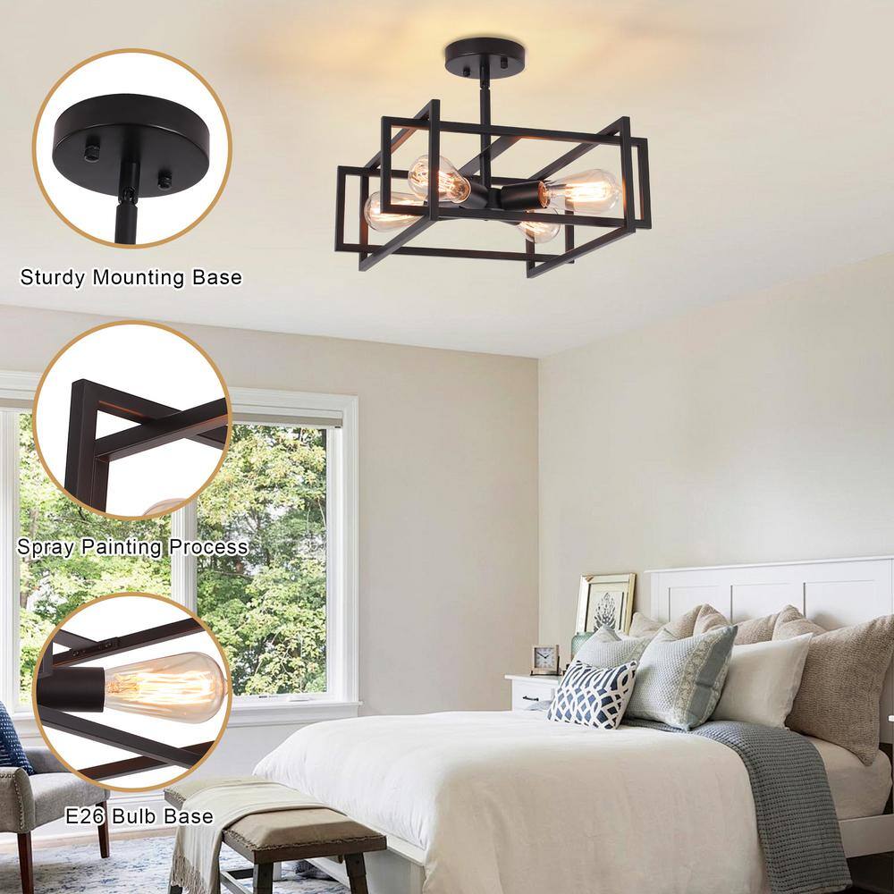 14.96 in. 4-Light Geometric Black Modern Semi-Flush Mount Ceiling Light with No Bulbs Included - Hercitys