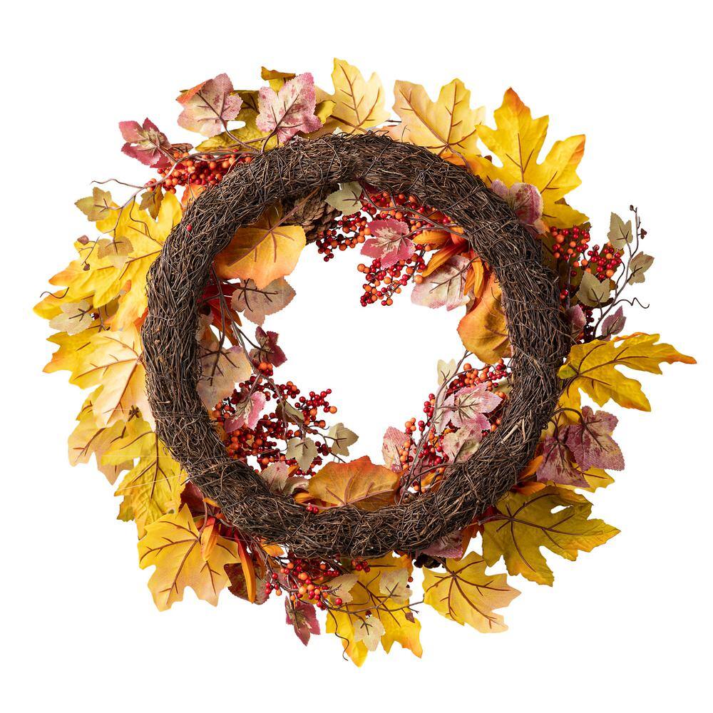 24 in. D Fall Unlit Dahlia Pumpkin, Leaf and Berry Wreath - Hercitys