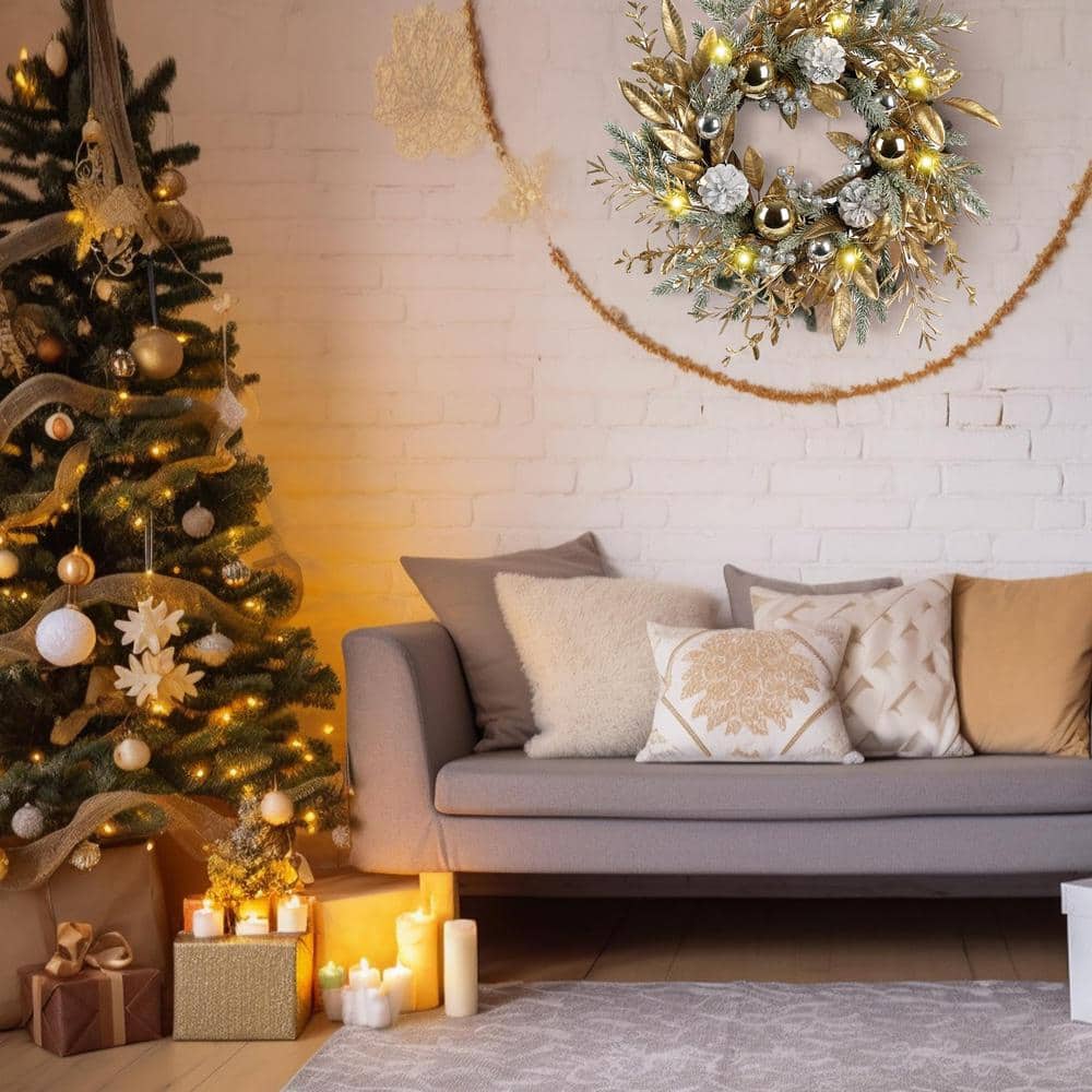 20 in. Handcrafted Multicolor Pre-Lit LED Artificial Christmas Wreath with Warm Lights, Pinecones, Silver Berries - Hercitys