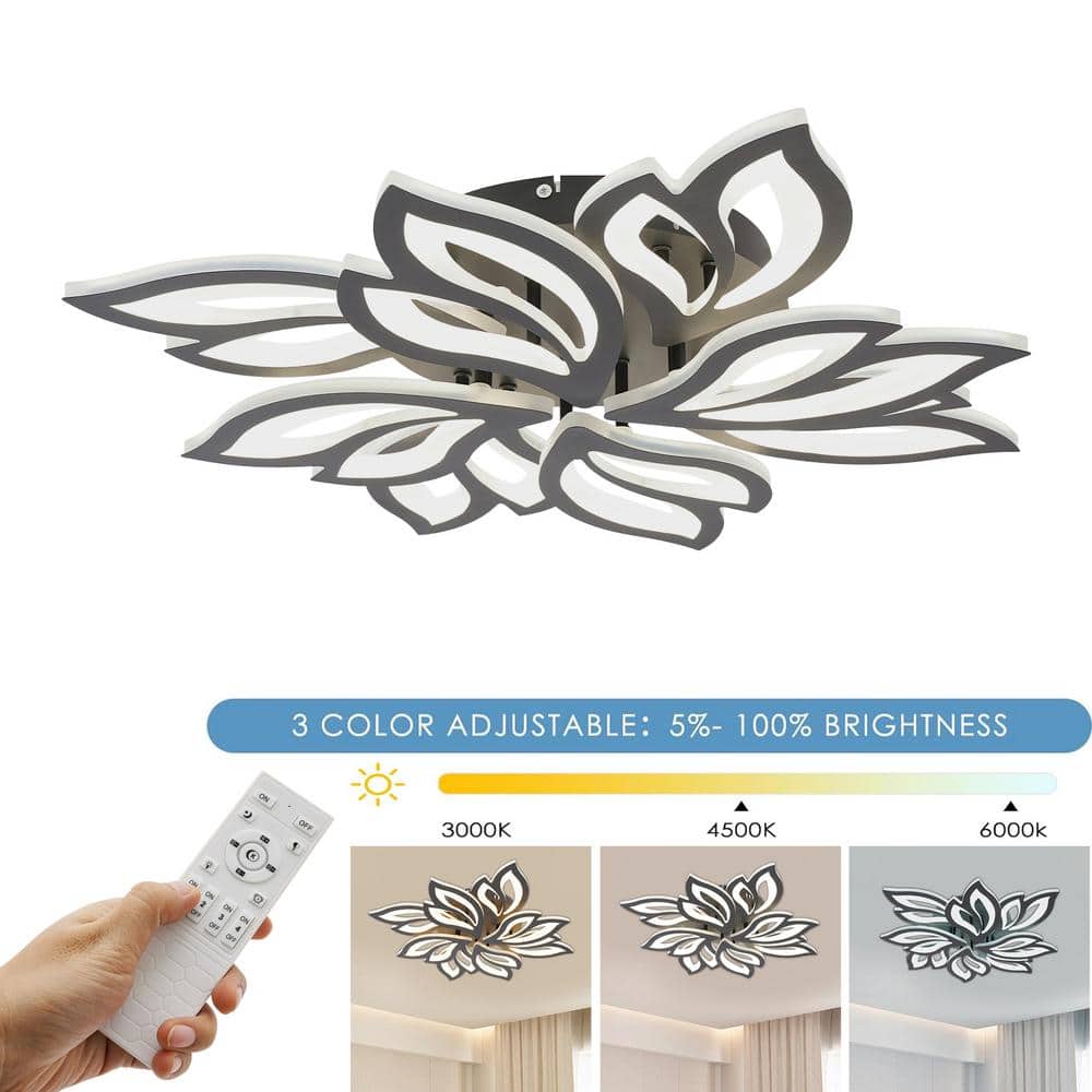 27.5 in. 1-Light Black and White Modern Selectable LED Flower-Shaped 8 Head Semi-Flush Mount Ceiling Light with Remote - Hercitys
