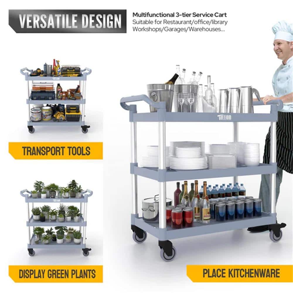 3 Tier Medium 390 lbs. Capacity Plastic Utility Cart with Wheels Grey - Hercitys