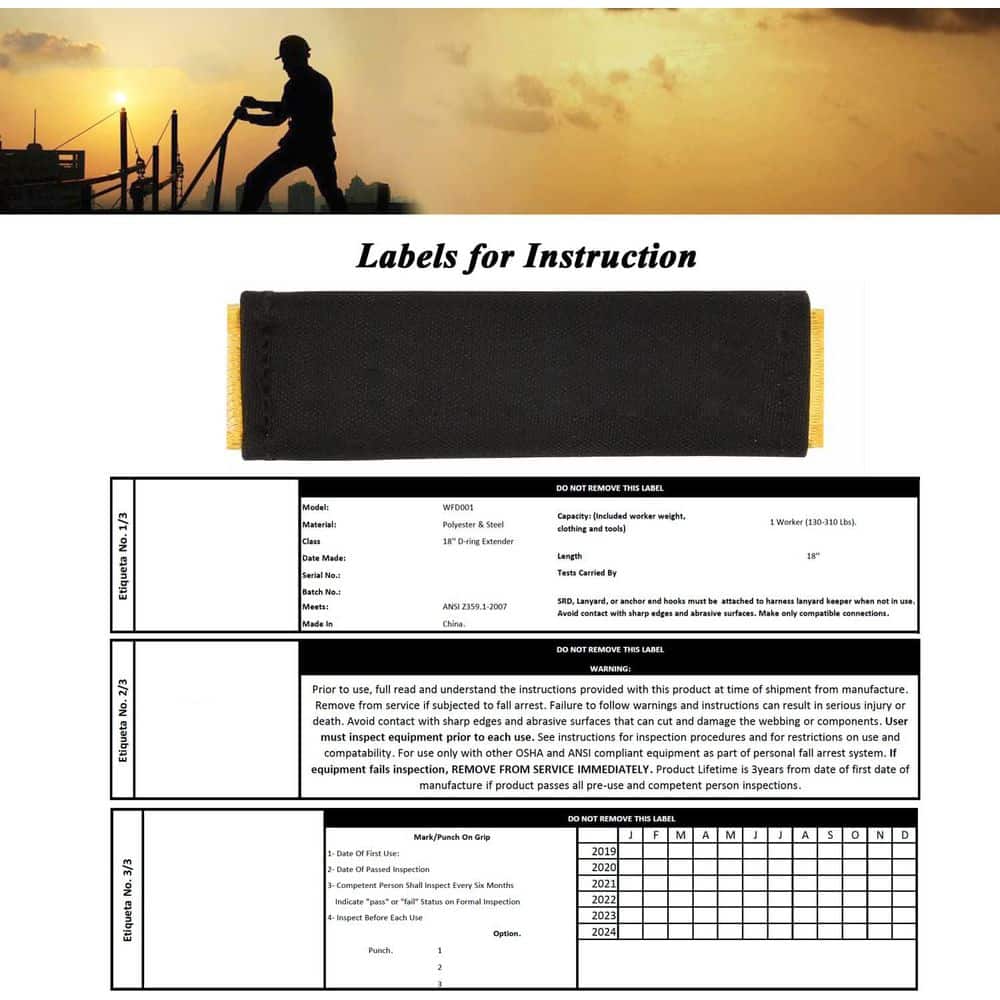 18 in. D-Ring Extender Fall Protection with Snap Hook and O Ring ANSI Compliant 2-Pack - Hercitys