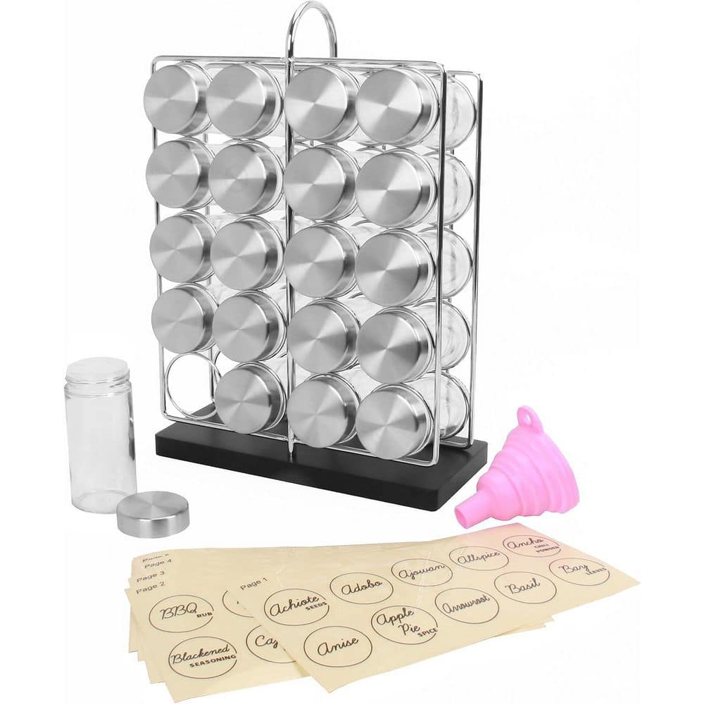 5 Shelf Alloy Steel Jar Chrome Wire Spice Rack with Bamboo Base 160 Preprinted + 20 Blank Spice Jar for Countertop - Hercitys