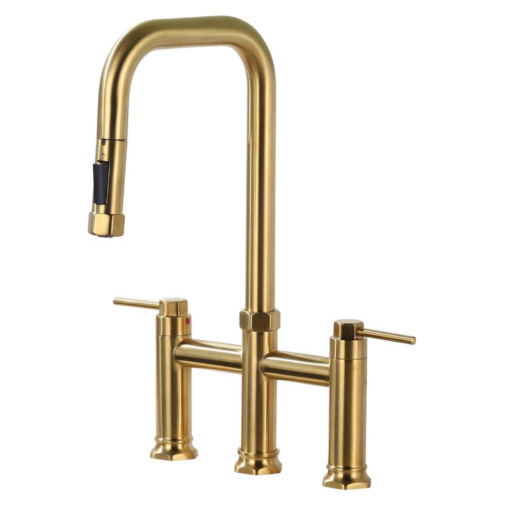 3 Holes Double Handle Brass Bridge Kitchen Faucet with Pull Down Sprayer and Supply Lines in Polished Chrome - Hercitys