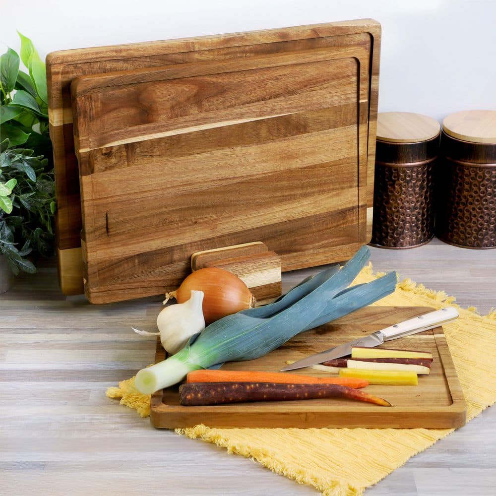 3 Piece Acacia Wood Cutting Board Set with Base - Hercitys
