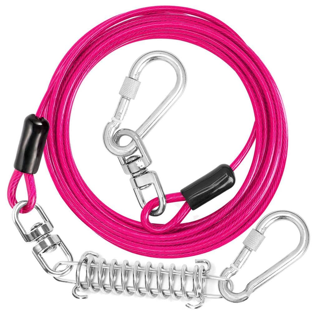 15 ft. Dog Leash Runner Cable with Swivel Hook and Shock Spring for Yard and Camping, Pink - Hercitys
