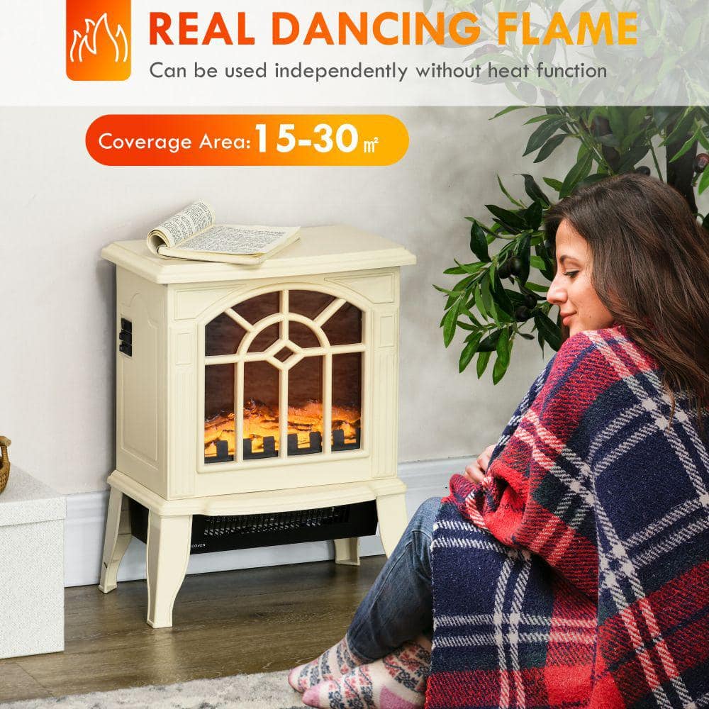 14.25 in. Freestanding Electric Fireplace Stove Electric Fireplace Heater in Cream White with Overheating Protection - Hercitys