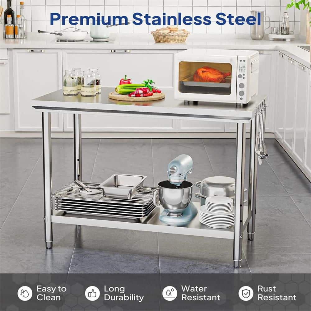 48 x 24 in. Silver Stainless Steel Kitchen Prep Table with Hooks and Adjustable UnderShelf - Hercitys