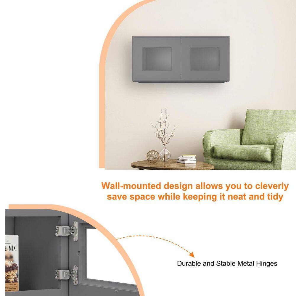 33-in W X 12-in D X 12-in H in Shaker Grey Plywood Ready to Assemble Wall Glass kitchen Cabinet - Hercitys