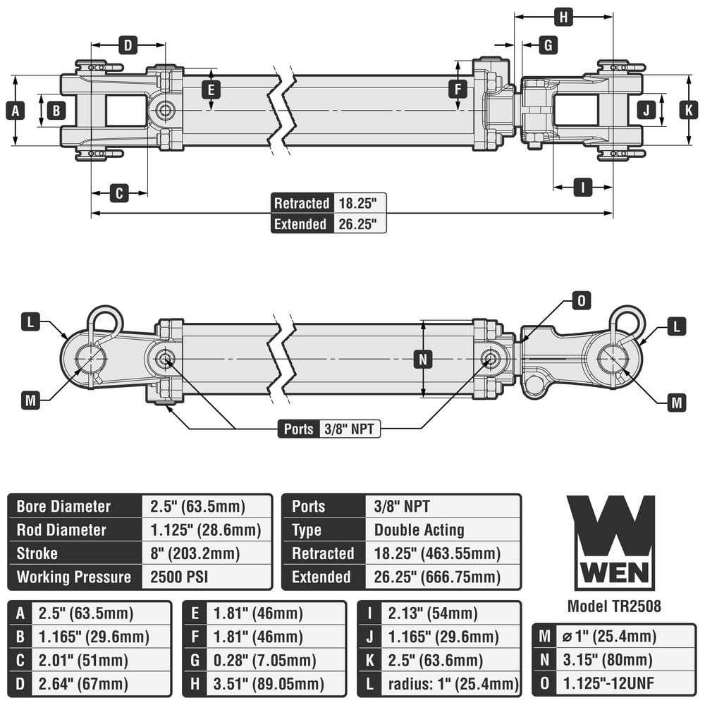 2500 psi Tie Rod Hydraulic Cylinder with 2.5 in. Bore and 8 in. Stroke - Hercitys
