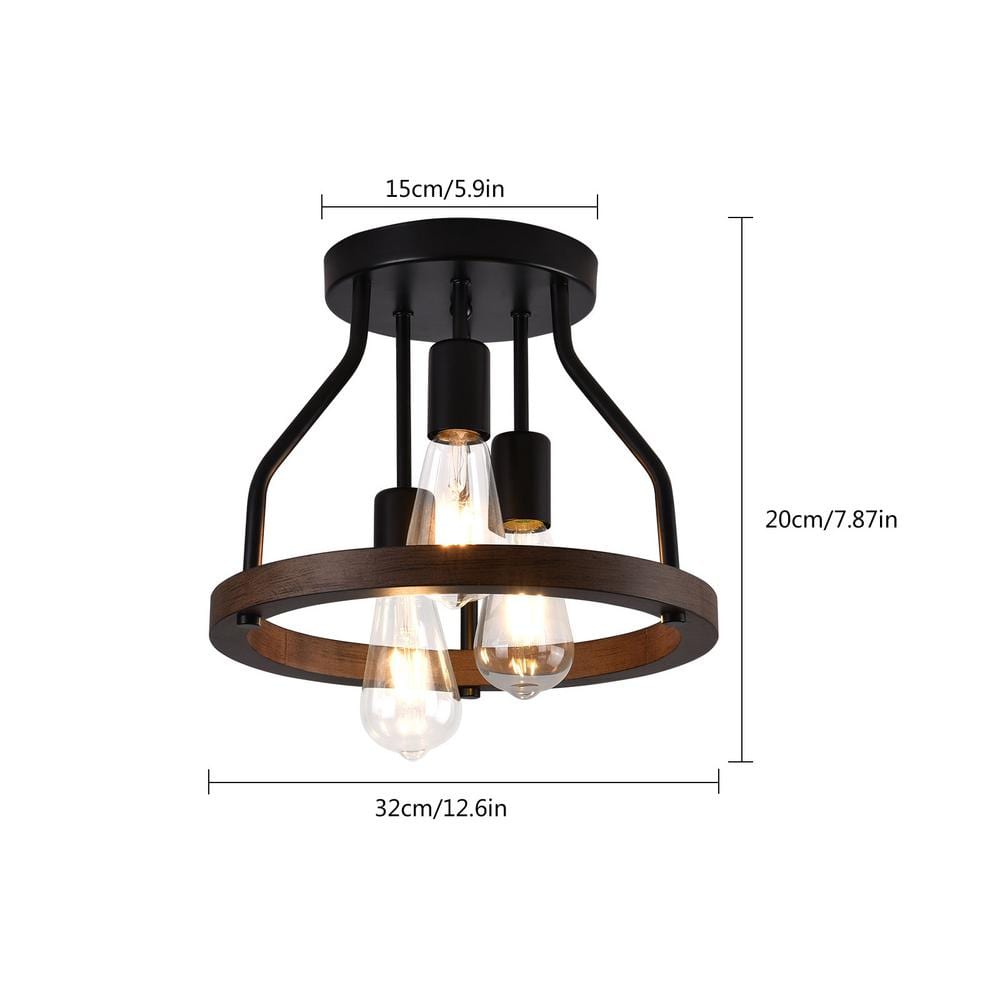 12.6 in. 3-Light Retro Farmhouse Simple Black Semi-Flush Mount Ceiling Light with Wooden Shade - Hercitys