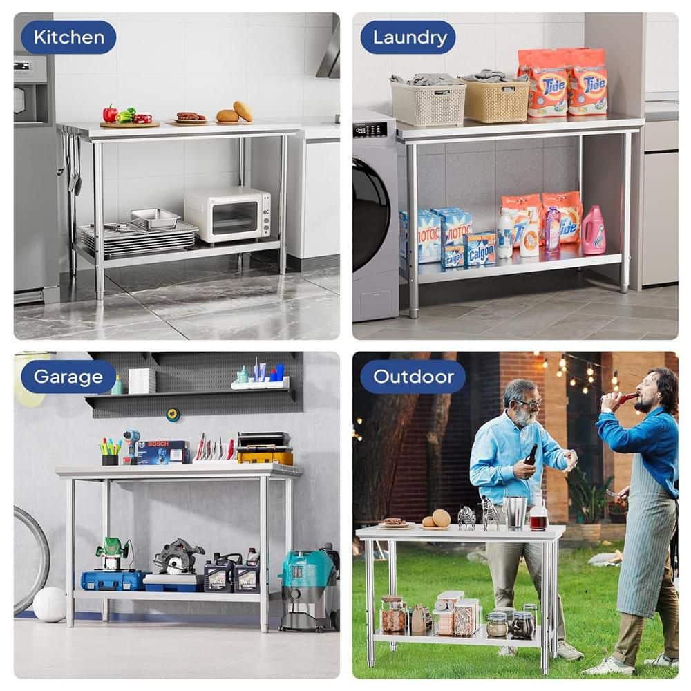 48 x 24 in. Silver Stainless Steel Kitchen Prep Table with Hooks and Adjustable UnderShelf - Hercitys