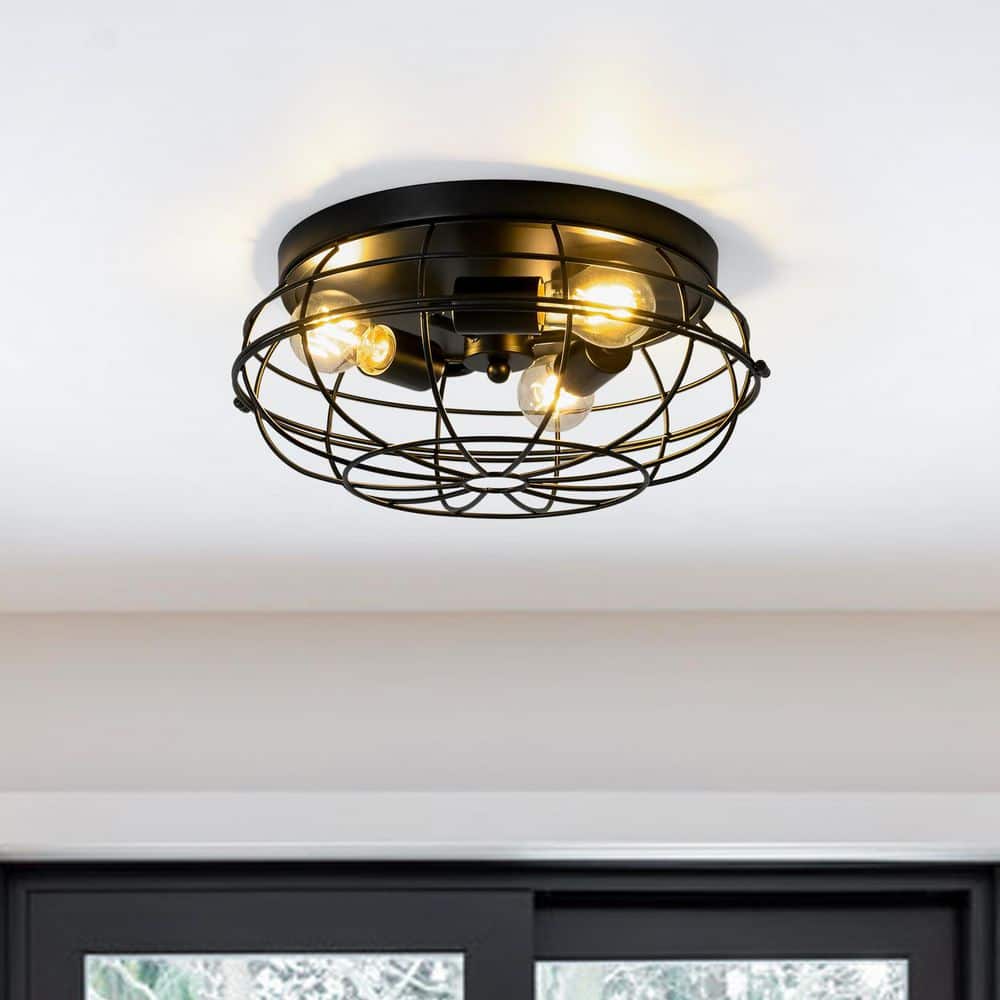 14.96 In. 3-Light Industrial Black Flush Mount Ceiling Light Fixture with Metal Cage for Living Room, No Bulbs Included - Hercitys