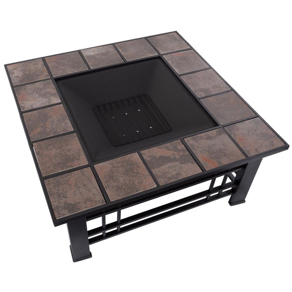 32 in. Steel Square Tile Fire Pit with Spark Screen and Poker - Hercitys