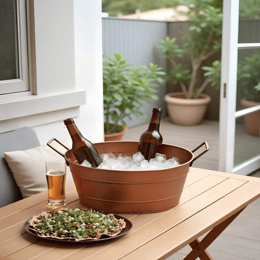 1.7 Gal. Copper Steel Oval Shape Hammered Texture Metal Tub with 2 Side Handles - Hercitys