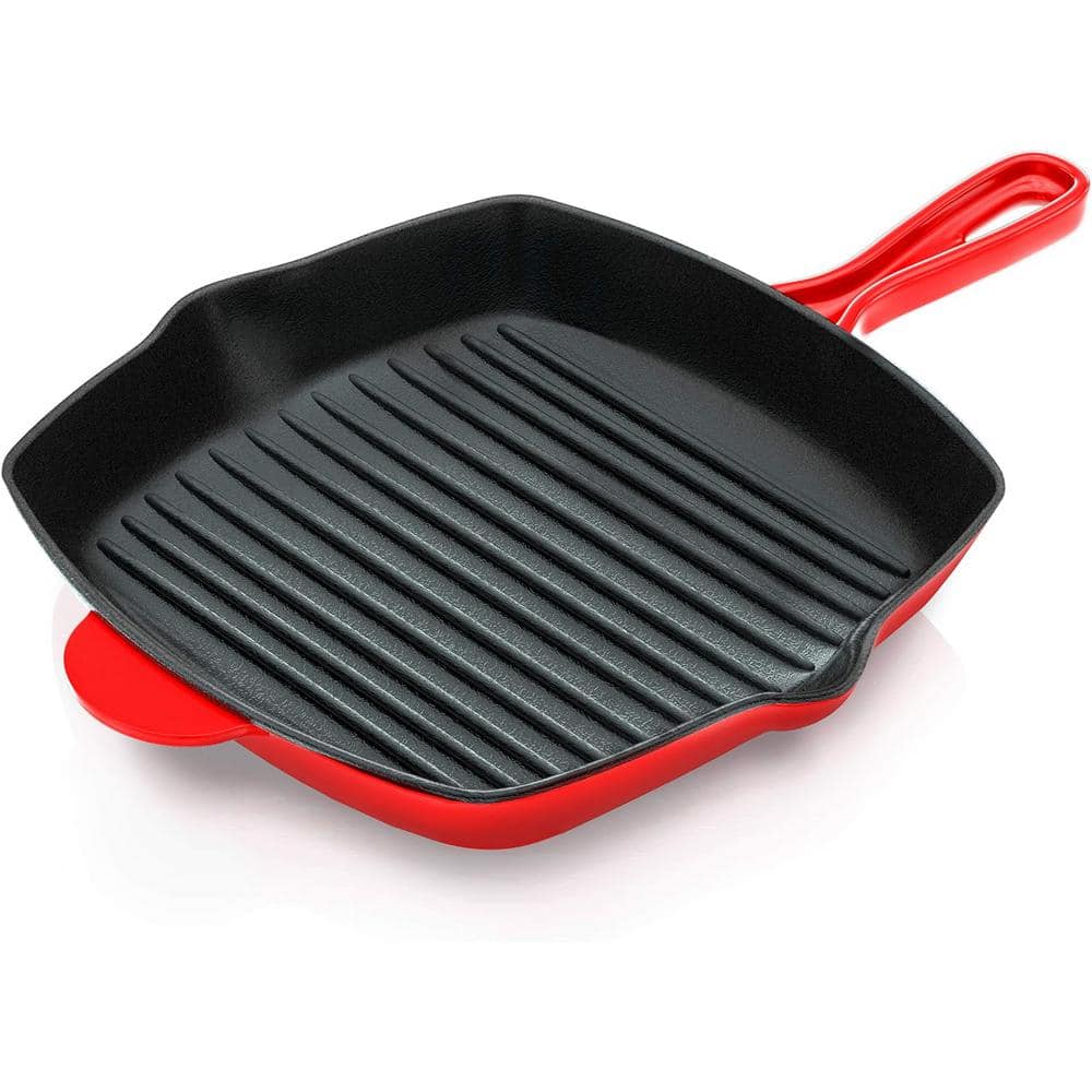 11 in. Enameled Cast Iron Square Non-stick Perfect Grill Marks Grill Pan in Red for All Cooktops with Drip Spout - Hercitys