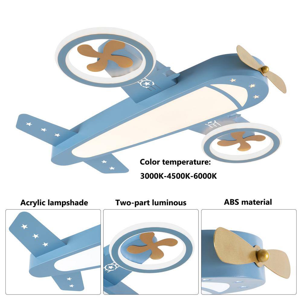 23.62 in. Blue and Gold Creative Airplane-Shaped Dimmable Flush Mount Ceiling Light with Remote and Integrated LED Light - Hercitys