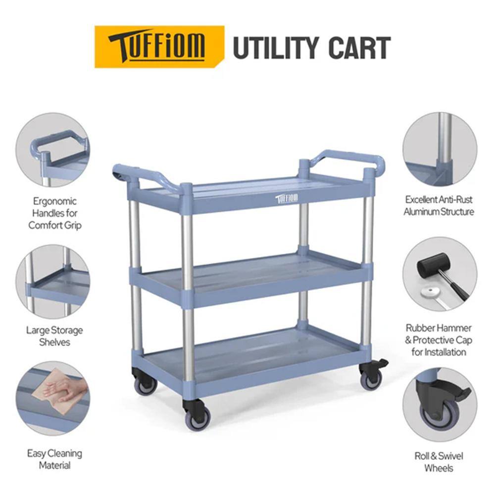 3 Tier Medium 390 lbs. Capacity Plastic Utility Cart with Wheels Grey - Hercitys