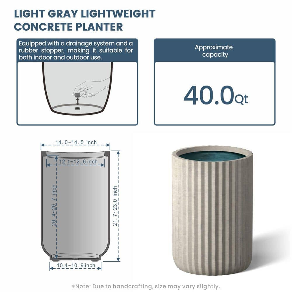 14.5 in. Large Light Gray(Premium Inner) Concrete Round Planter / Pot with Drainage Holes - Hercitys