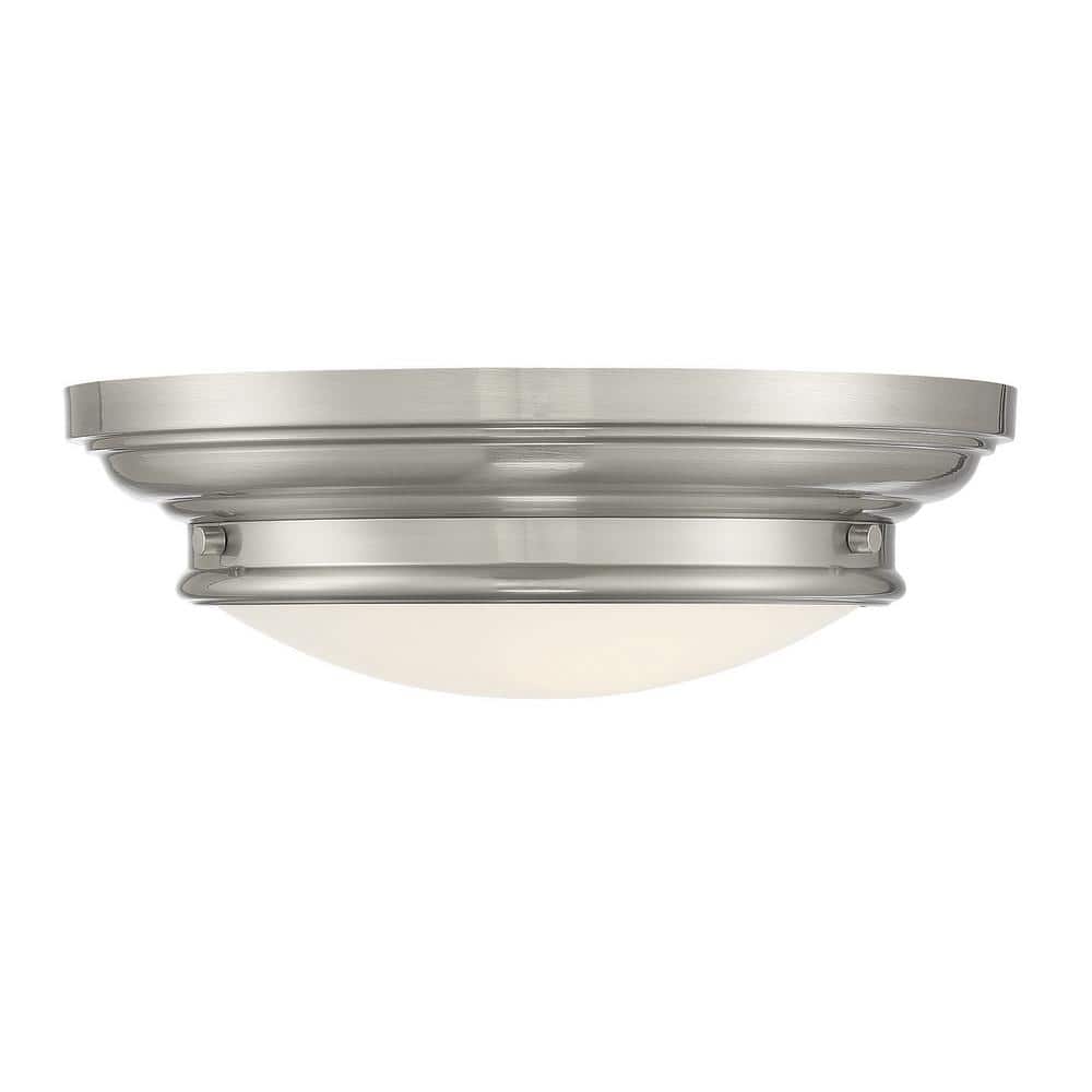 13 in. W x 4.50 in. H 2-Light Brushed Nickel Flush Mount Light with White Glass Round Shade - Hercitys