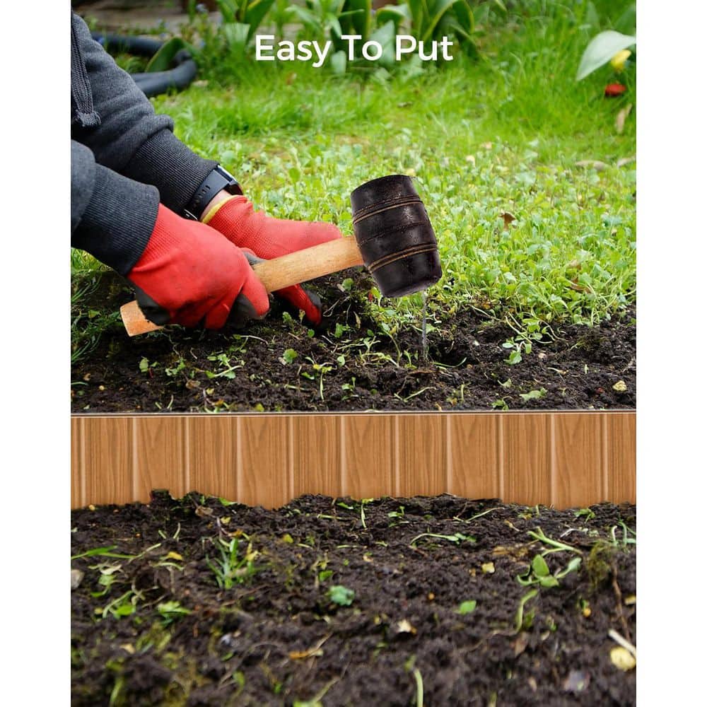 20 ft. x 5.5 in. Brown Wooden Texture Metal Landscape Edging No-Dig with 7-Clips and Gloves, 6-Pack - Hercitys