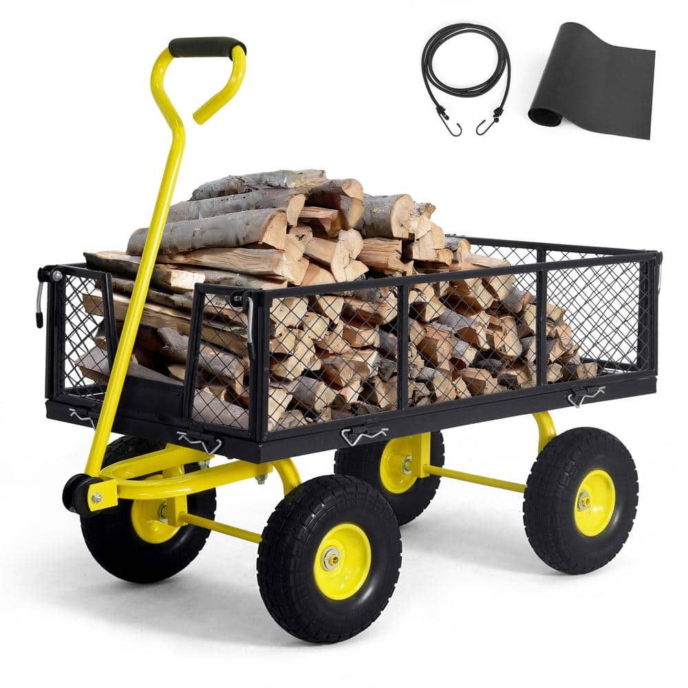 4 cu. ft. Metal Black Garden Cart, W/180° Adjustable Yellow Handle, W/Mat and Strap, Heavy-Duty 880 lbs. Capacity - Hercitys