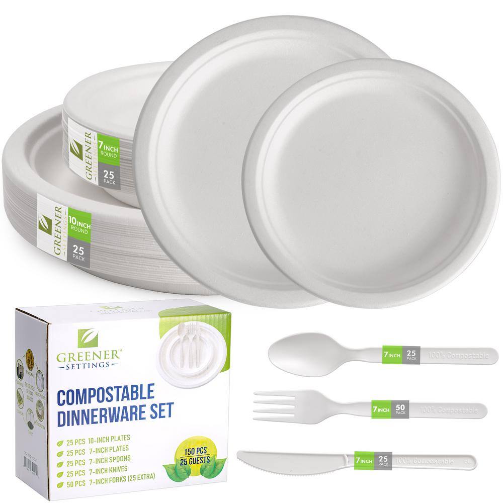 10/7 in. White Compostable Disposable Paper Plate Set Plus Cutlery [25 Guest Service] - Hercitys
