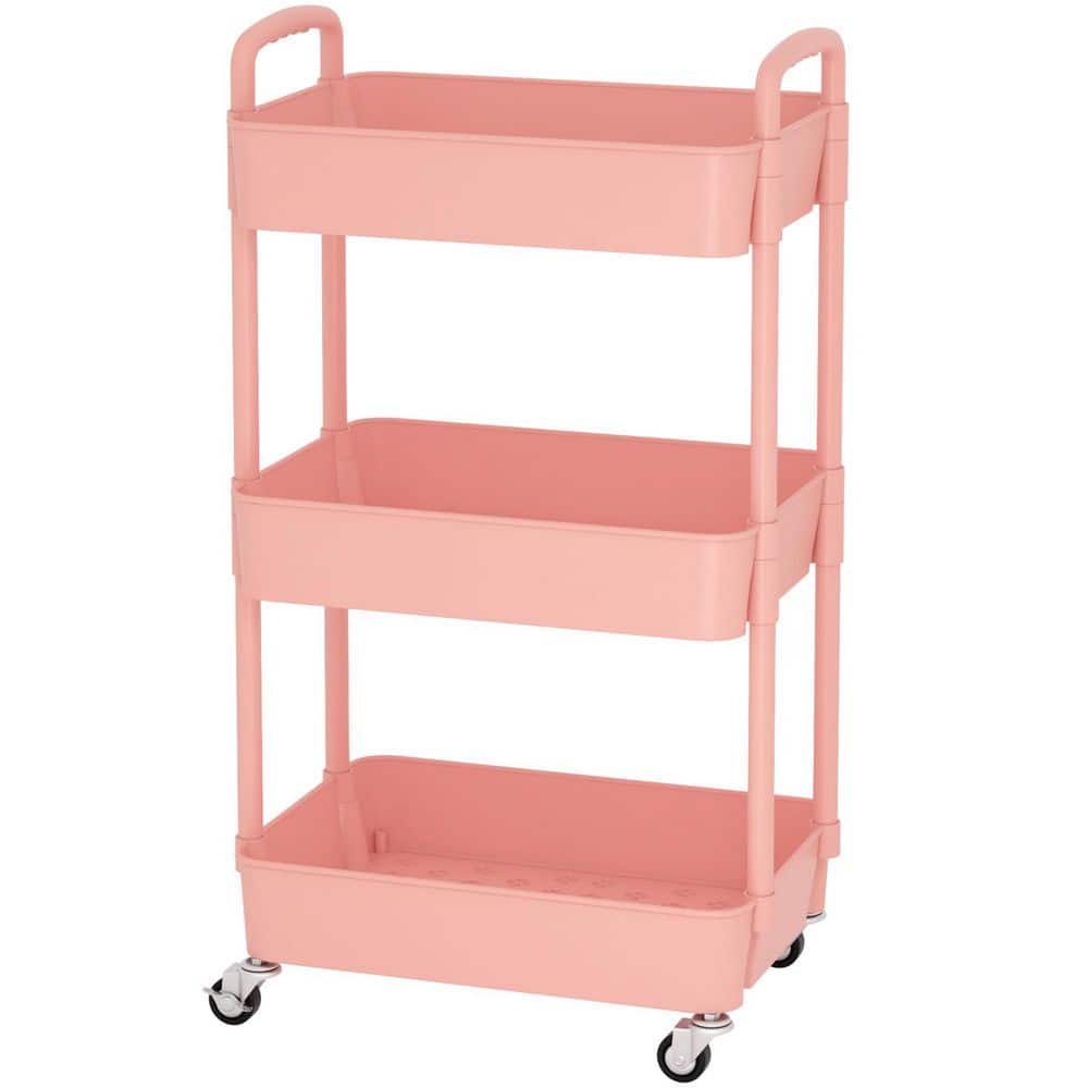 3-Tier Plastic -Wheeled Storage Utility Cart in Pink - Hercitys