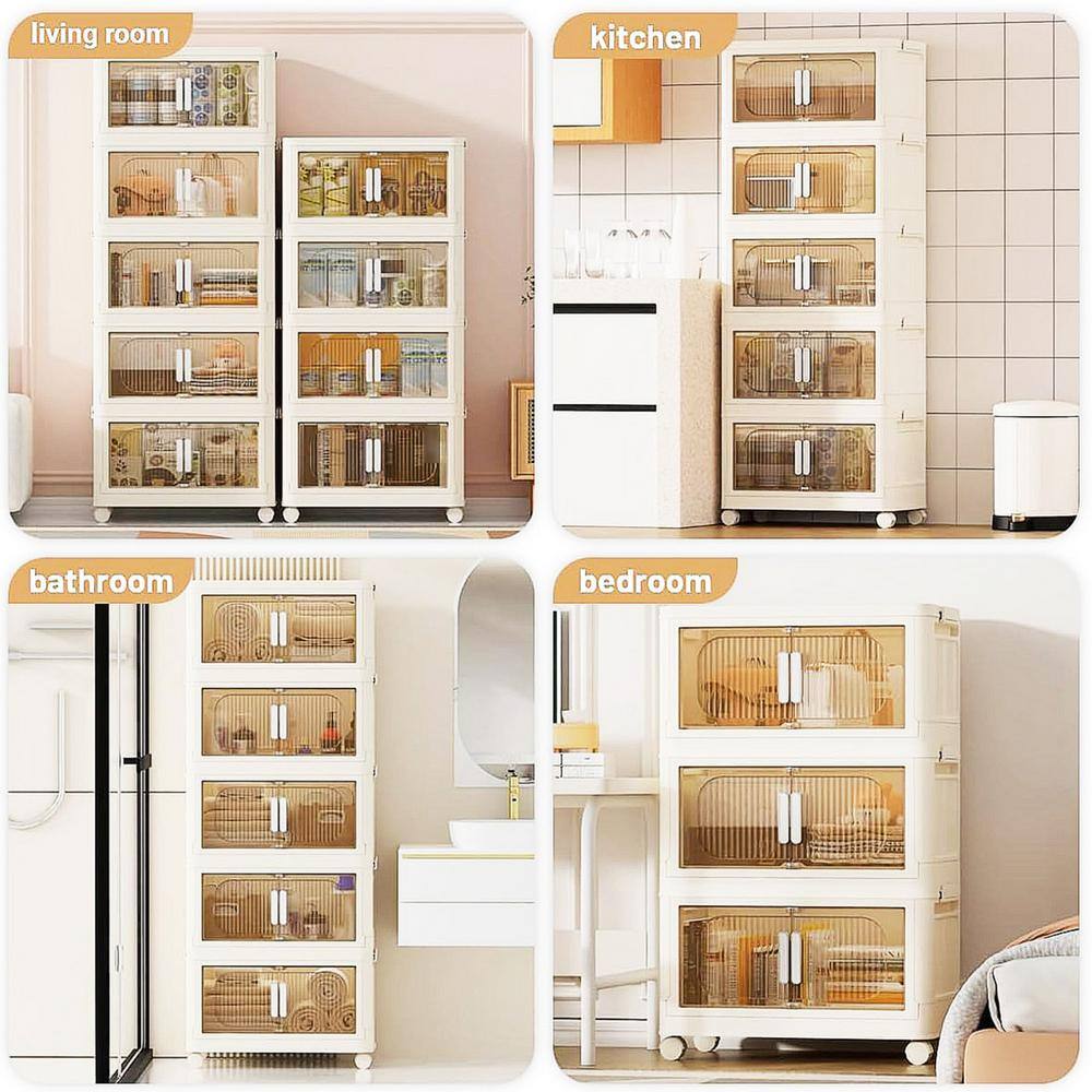 31.5 in. 3-Shelf Cream White Folding Kitchen Pantry Cabinet on Wheel - Hercitys