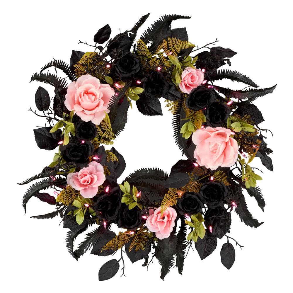 24 in. Cute and Creepy Halloween Wreath with 40 Pink LED Lights - Hercitys