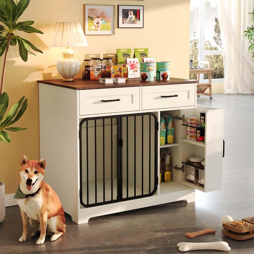 37.4 in. White 2-Drawer Wood and Iron Pantry Cabinet with Dog Crate, Sideboard Indoor Dog Kennel with Storage Cabinet - Hercitys