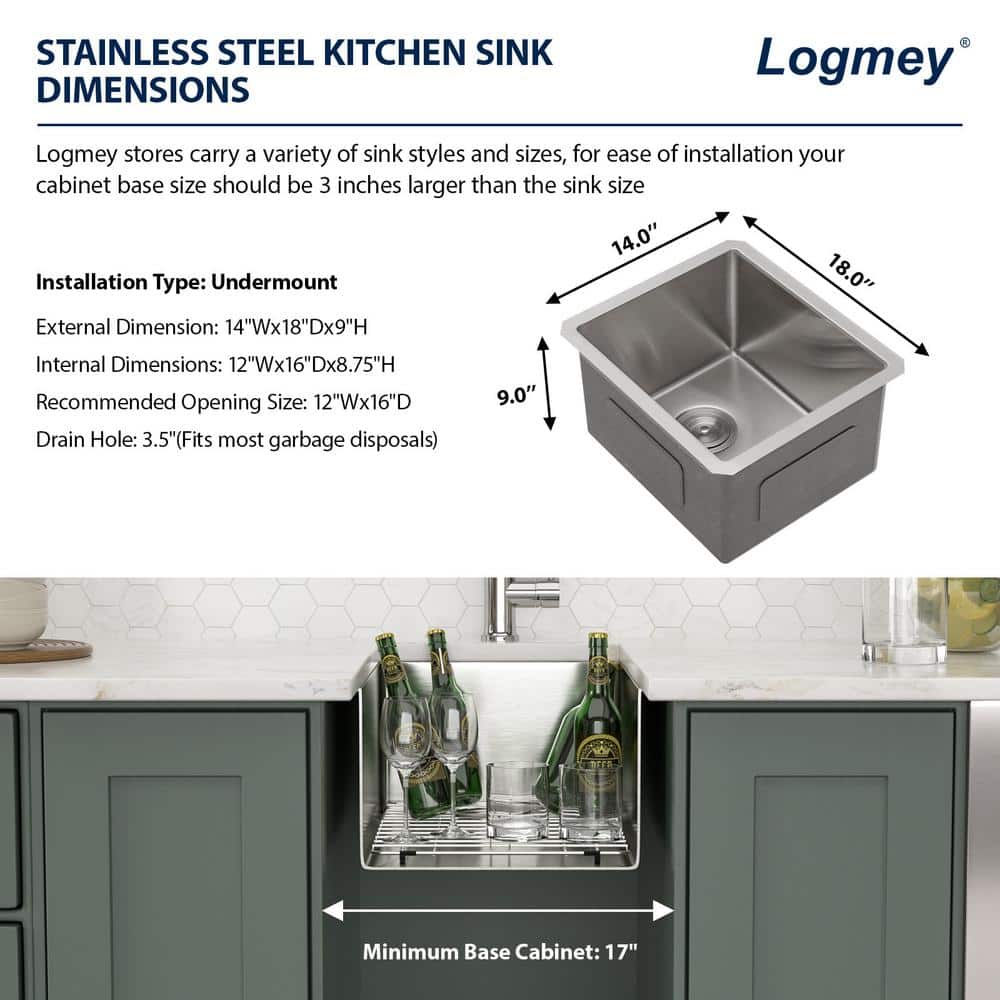 14 in. Undermount Single Bowl 16 Gauge Stainless Steel Kitchen Bar Sink RV Sink with Bottom Grid Drain - Hercitys