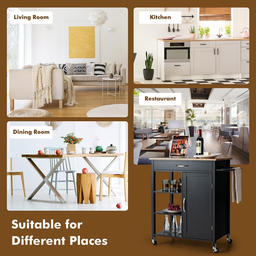 34.5 in. Black Wood Kitchen Cart Island with Rubber Wood Top - Hercitys