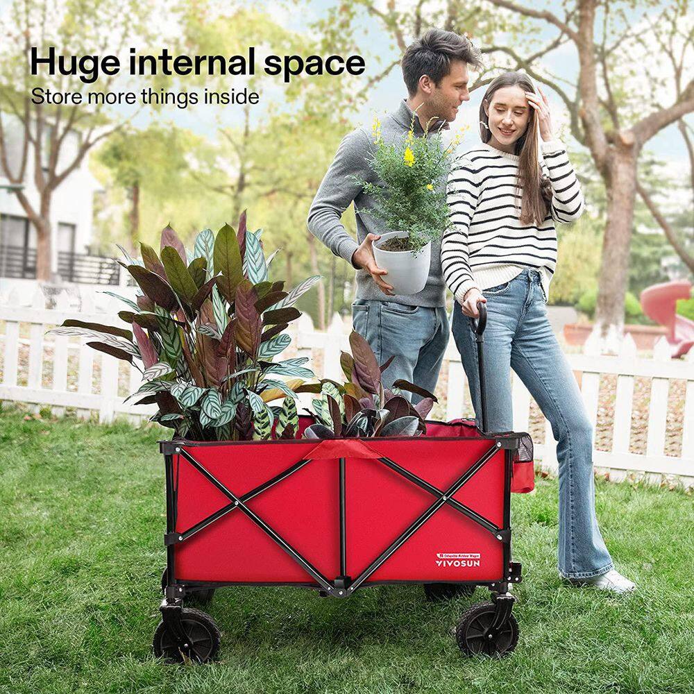 2.5 cu. ft. Collapsible Fabric Garden Cart with Universal Wheels and Adjustable Handle in Red - Hercitys