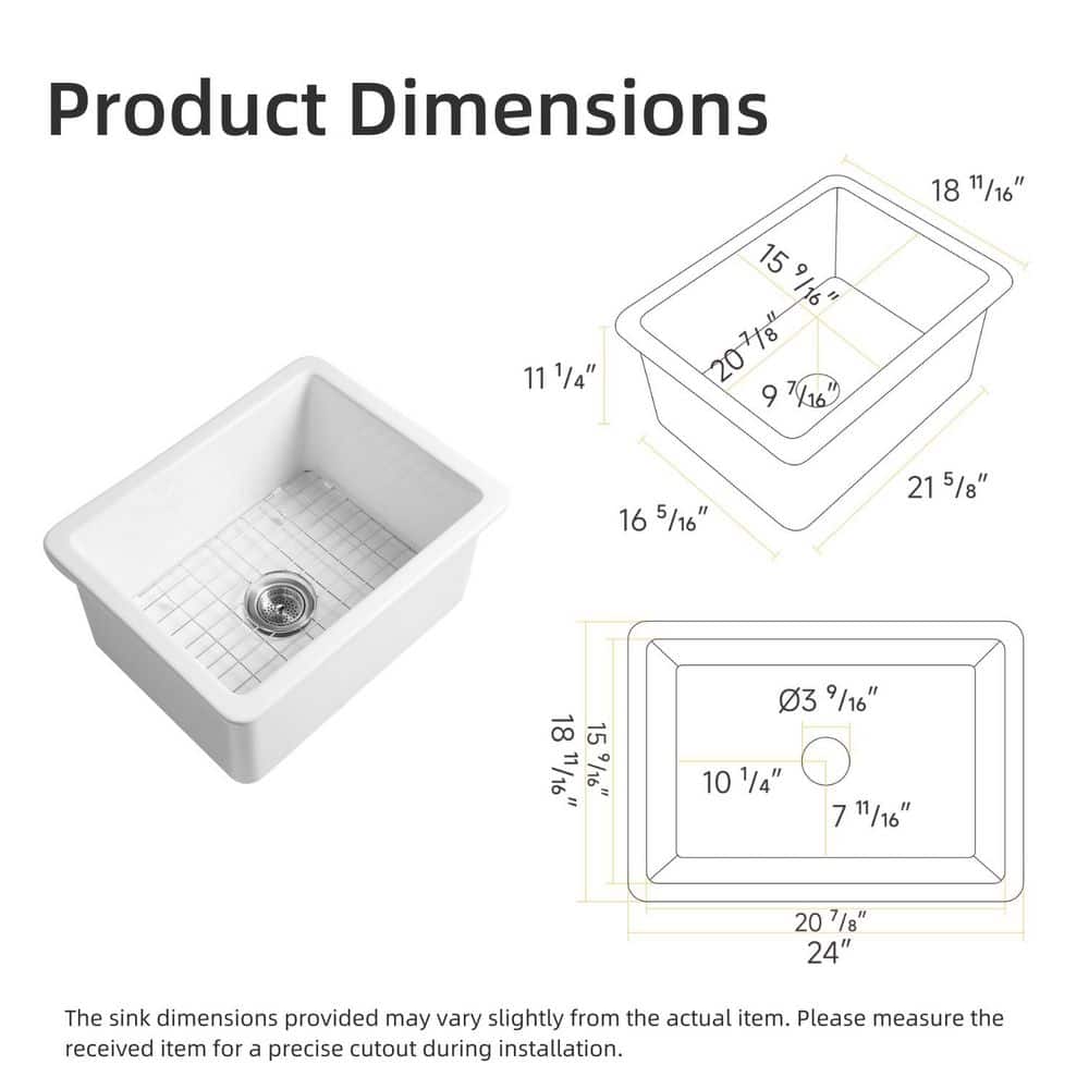 24 in. White Undermount/Drop-in Kitchen Sink Single Bowl, Fireclay Drop-in Kitchen Sink, Drain Kit and Grid Included - Hercitys