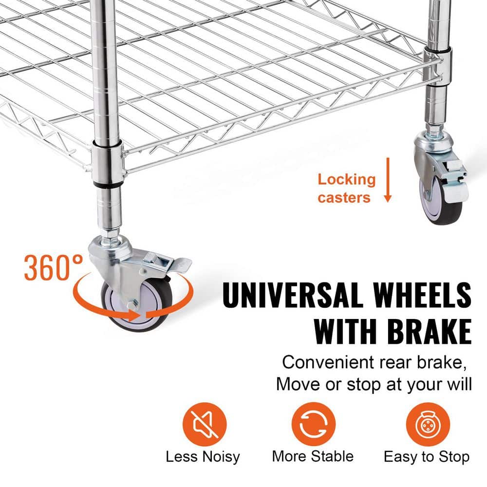 3-Tier Utility Cart Rolling Cart Silver Metal Kitchen Cart with Locking Casters 24″x 20″x 36.6″ 470 lbs. 6 Hooks - Hercitys